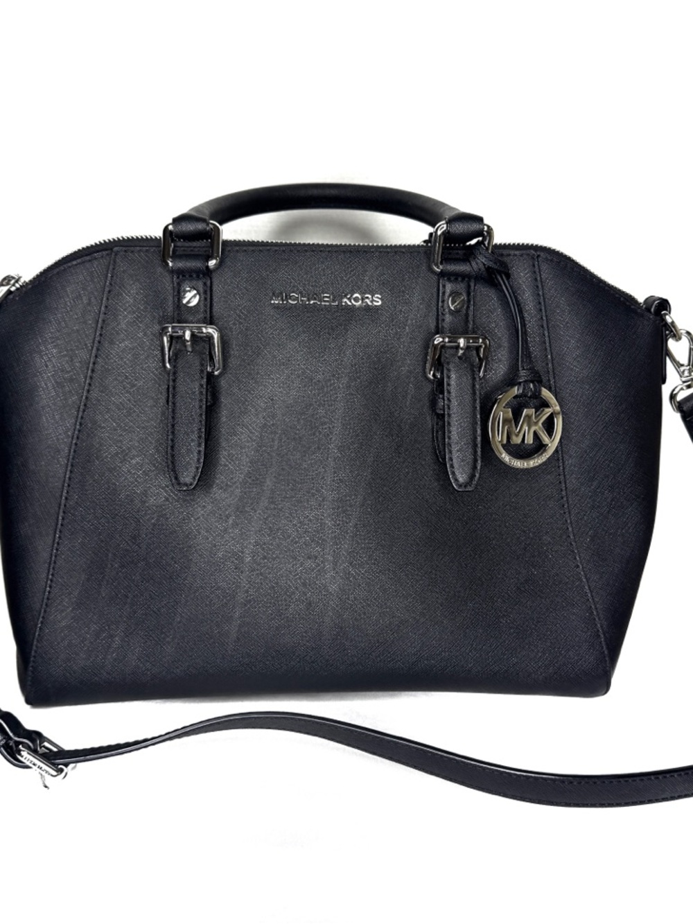 Michael Kors Black Saffiano Leather Dome Satchel with MK Charm